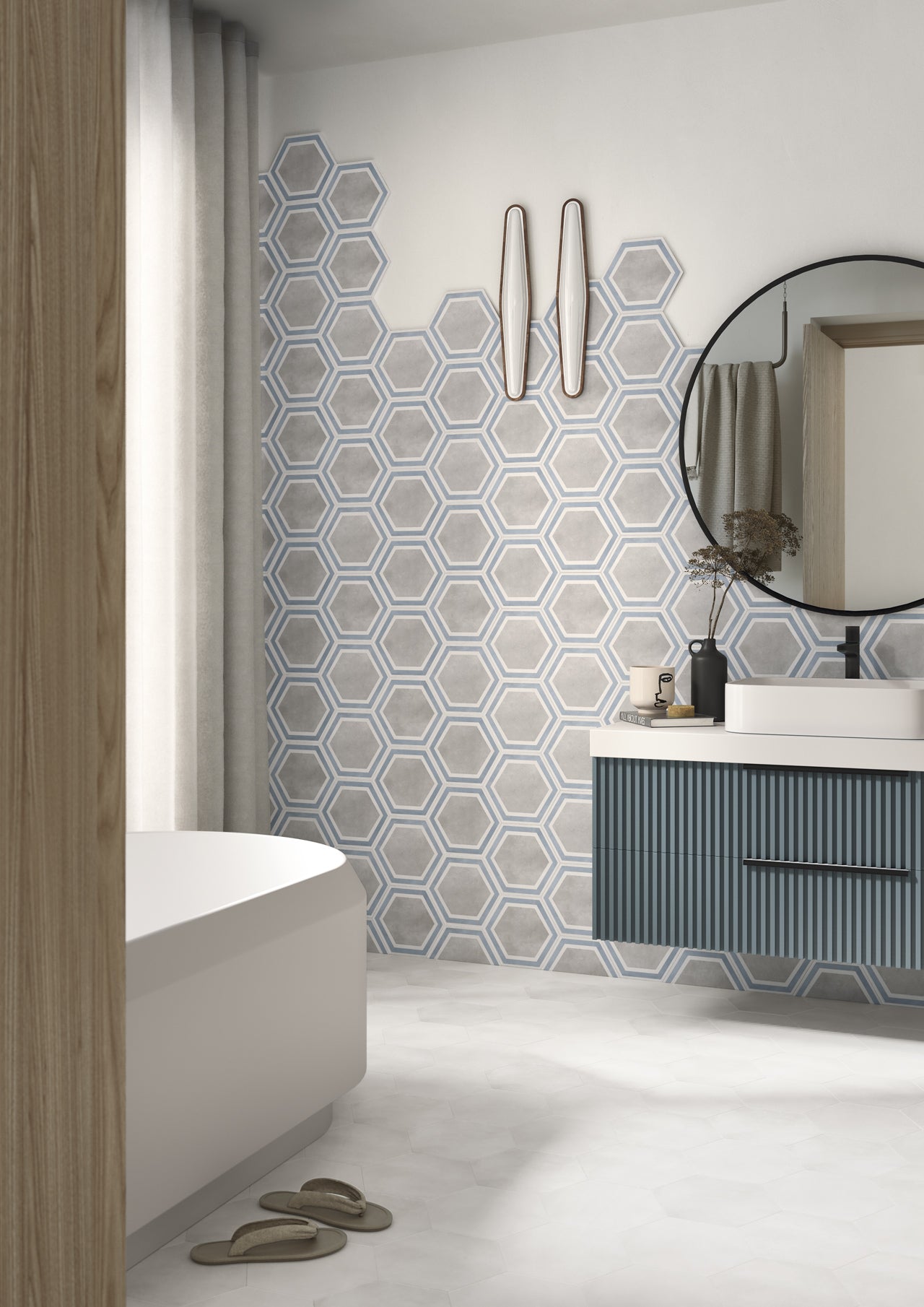 Hexagon Grey Framed (Blue Edge) - Aztec Tiles